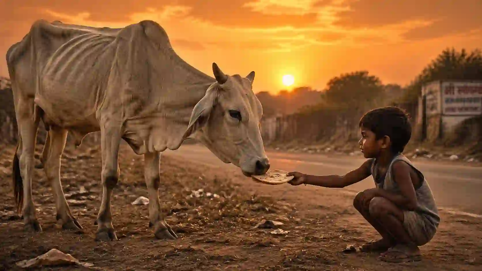 A child feeding a sacred cow at sunset