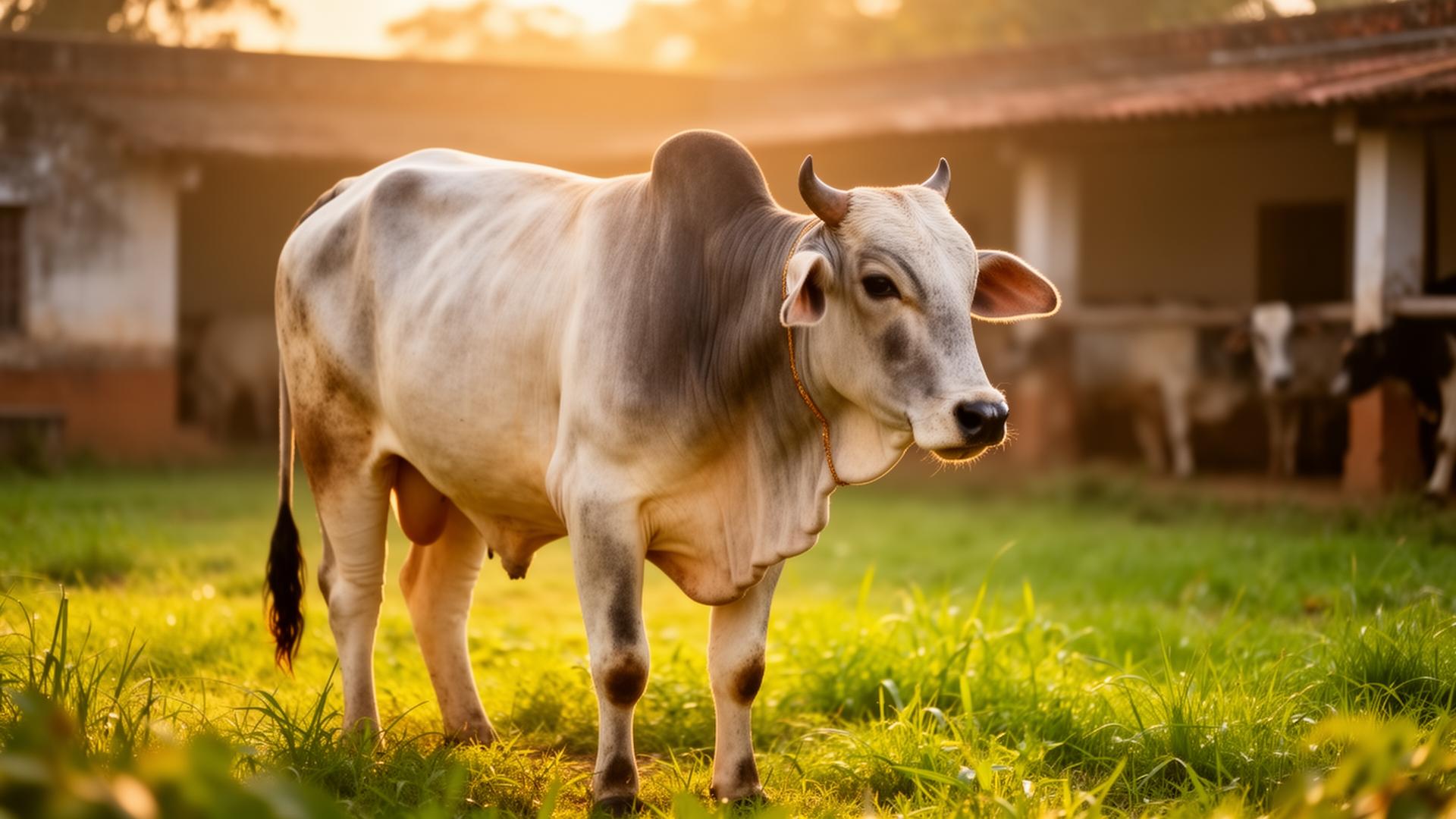 Sacred Indian Gir cow at sunset in gaushala